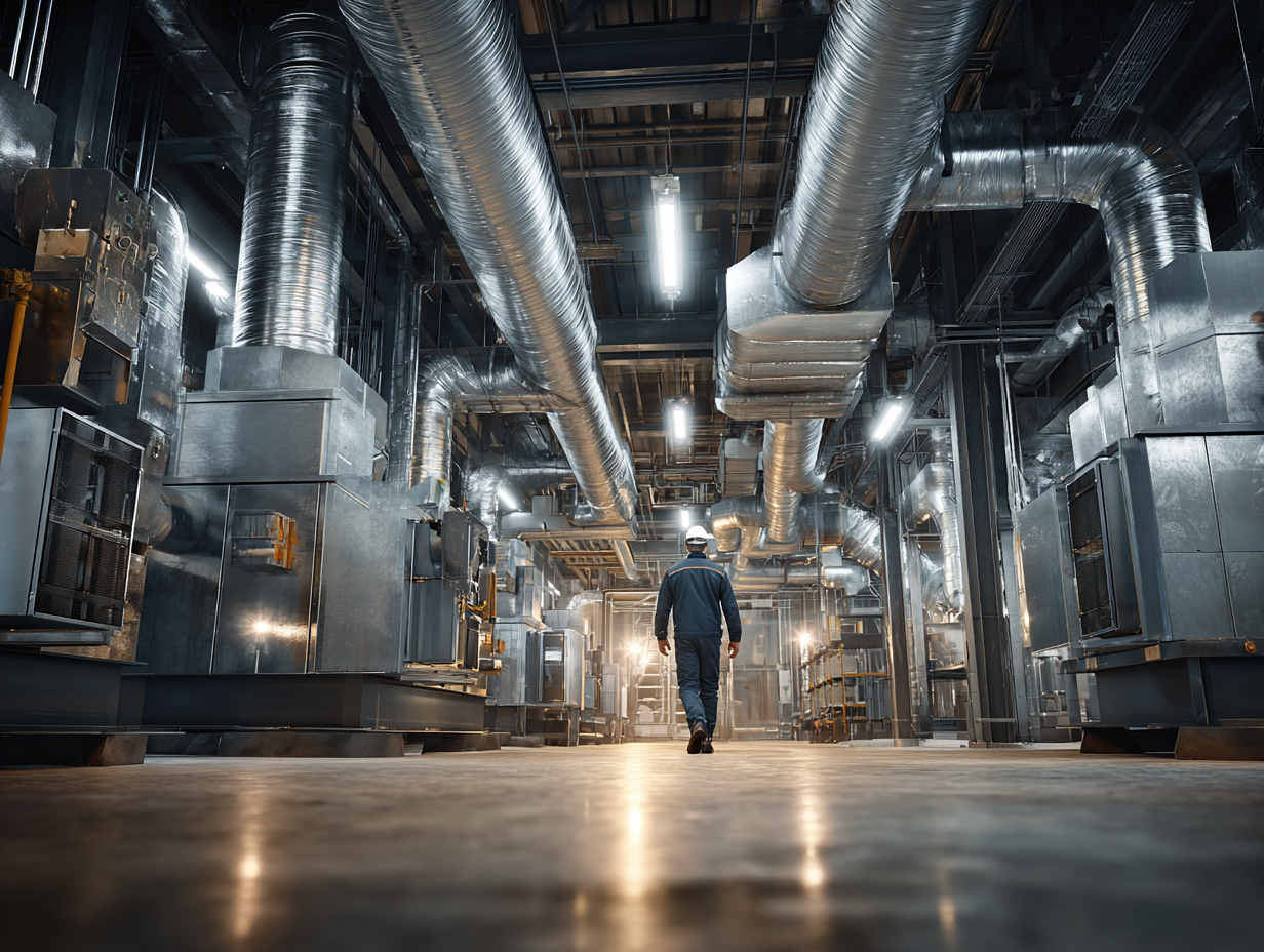 Technician walking through a large commercial mechanical room with HVAC ductwork